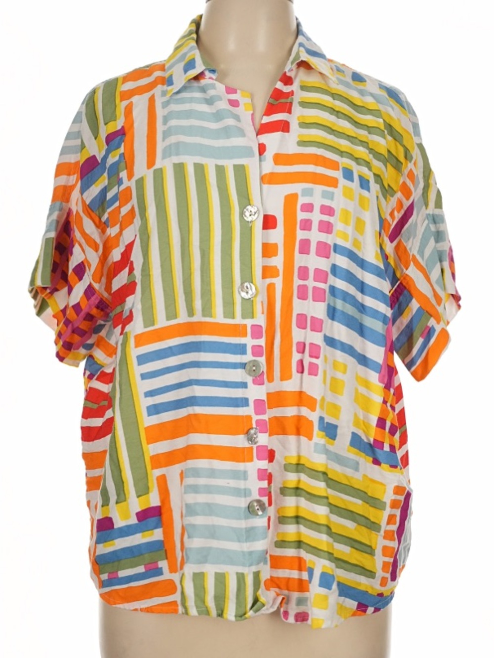 Tru Luxe Multicolor Geometric Stripe Button-Up Blouse